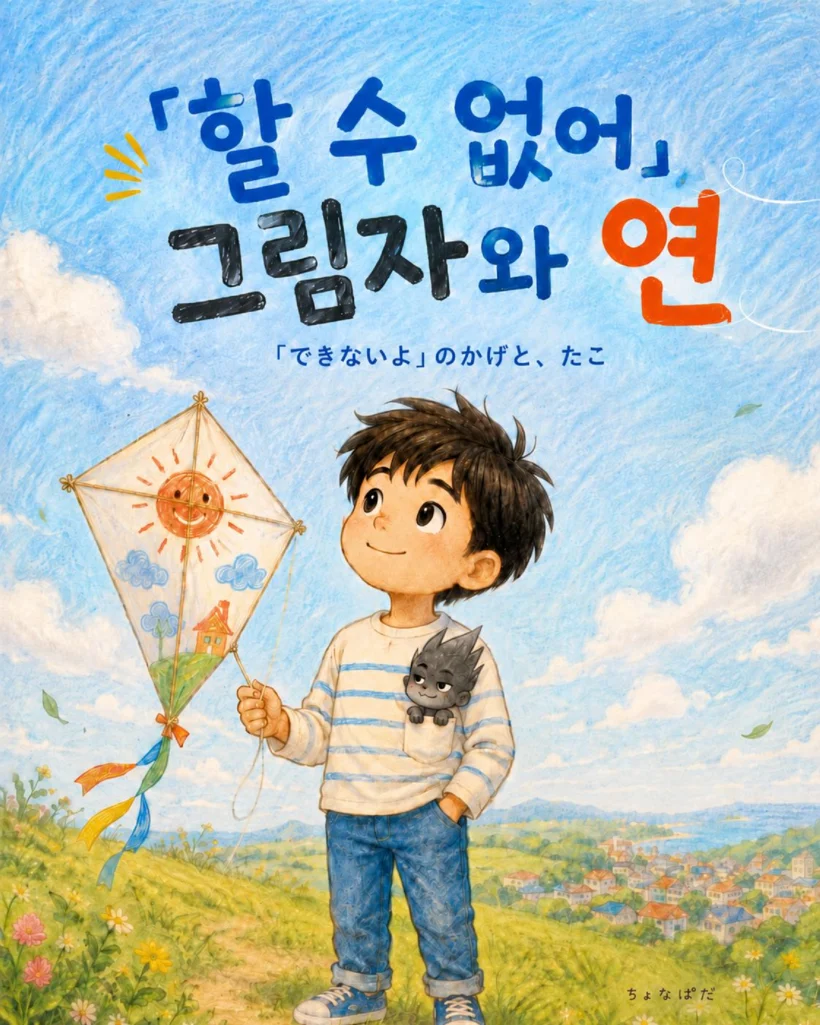 絵本『できないよ』の影とたこの表紙。青空の下、凧を持つ少年と小さな影が描かれている。